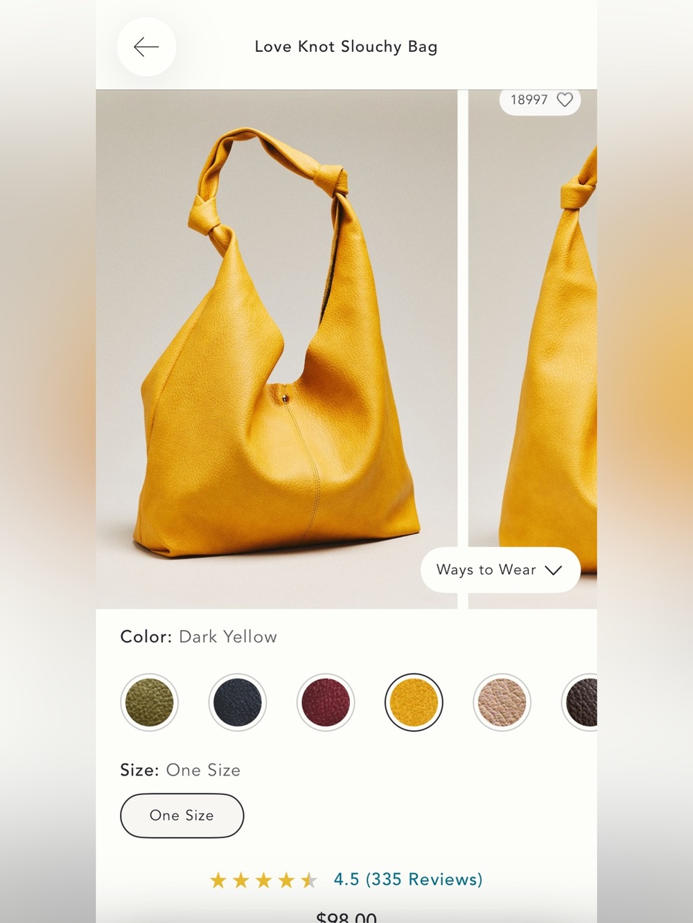 Anthropologie Love Knot Slouchy Bag — Dark Yellow NWT
